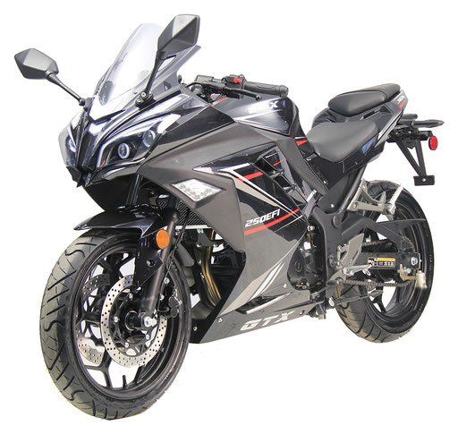 Black sport motorcycle with fairing and windshield, shown on a white background