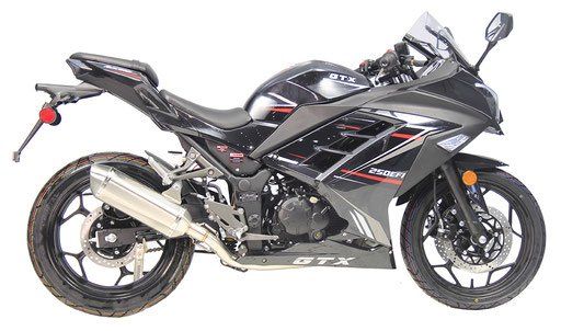 Black and silver sport motorcycle in side view on a white background