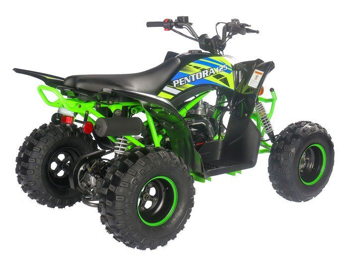 A green and black atv with large tires on a white background.