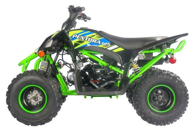 A green and black atv is on a white background.