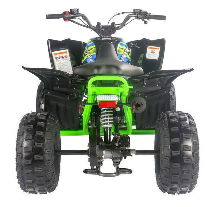 The back of a green atv is shown on a white background.