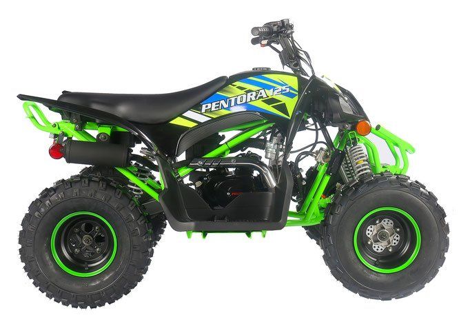 A green and yellow atv is on a white background.