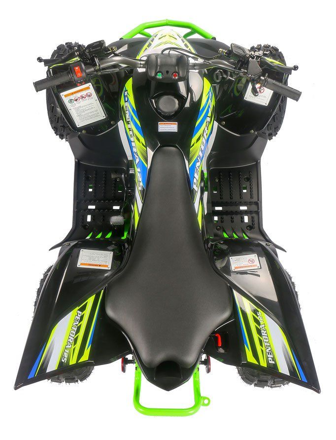 A green and black atv with a black seat on a white background.