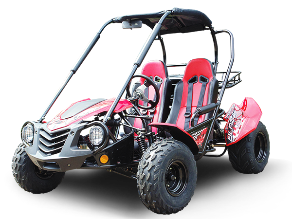 Red and black off-road dune buggy with roll cage and large tires on a white background