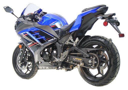 Blue sport motorcycle shown in side view on a white background