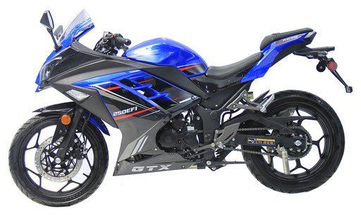Blue and black sport motorcycle in side view on a white background