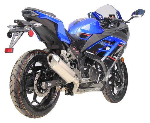 Blue sport motorcycle with a black seat and silver exhaust, shown from the rear three-quarter view.