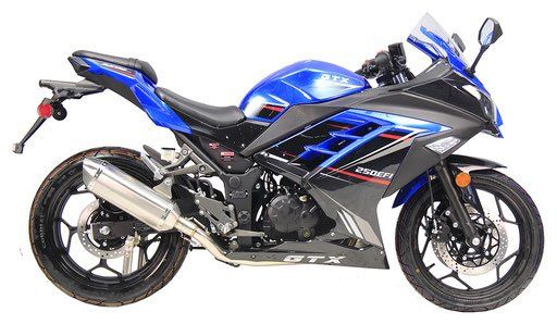 Blue and black sport motorcycle on a white background, side view