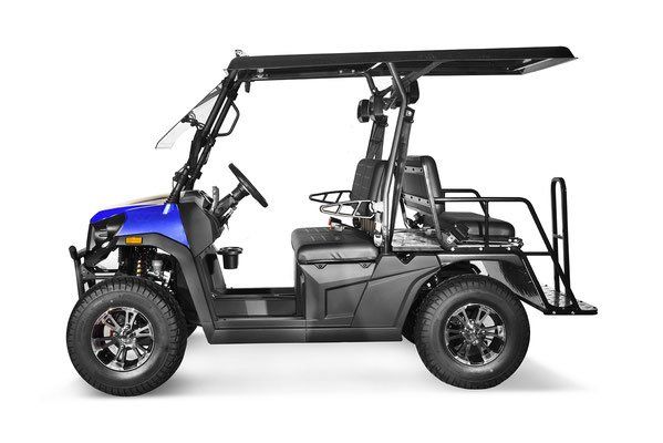Blue and black golf cart with roof and rear cargo rack on white background