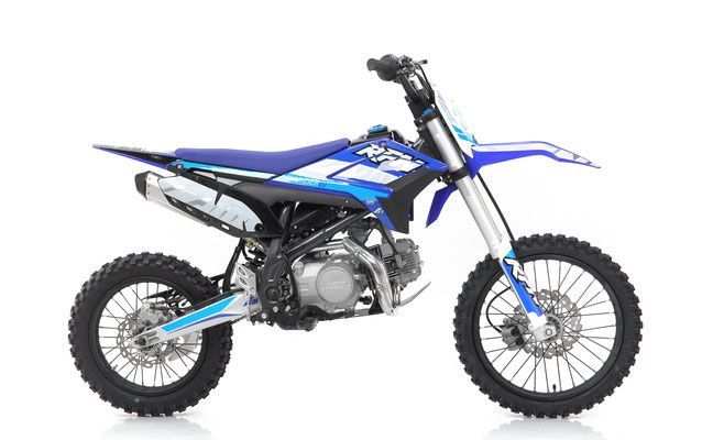 Blue dirt bike on a white background, side view.