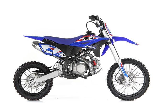Blue dirt bike on a white background, side view with knobby tires and black seat