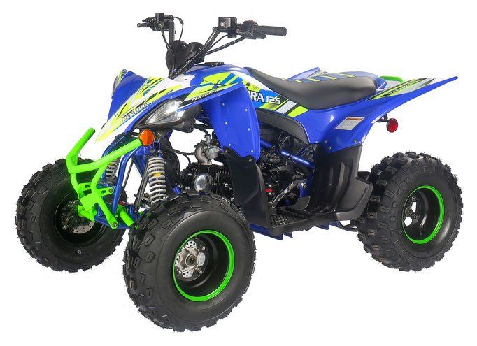 A blue and green atv with green wheels on a white background.