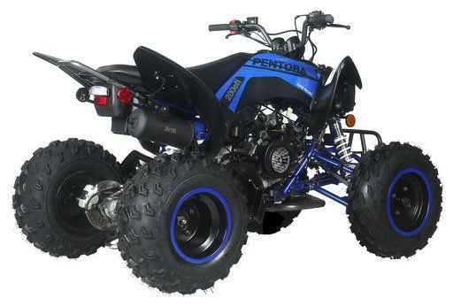 A blue and black atv with large tires on a white background.
