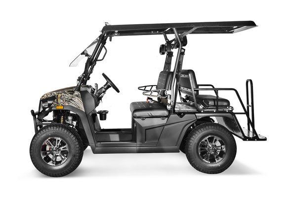 Black utility golf cart with roof and rear cargo rack, side view on white background