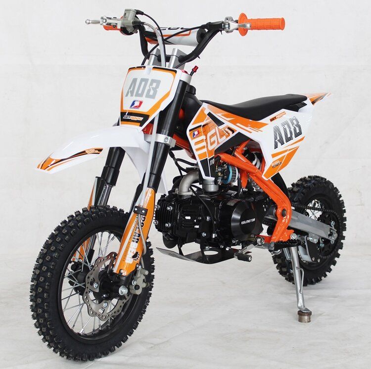 Orange-and-white mini dirt bike with number 408, shown on a white background.