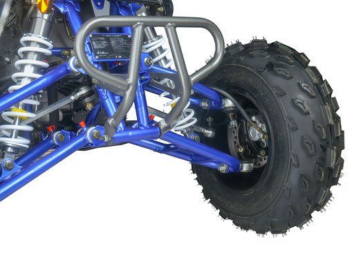A blue atv with a large tire on a white background
