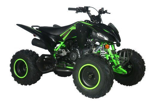 A black and green atv with green tires on a white background.
