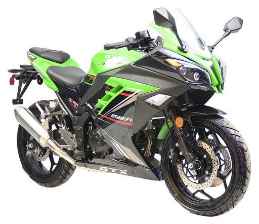 Green and black sport motorcycle on a white background, angled front-left view