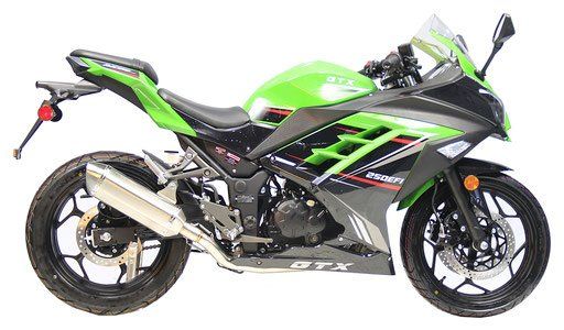 Green and black sport motorcycle in side view on a white background