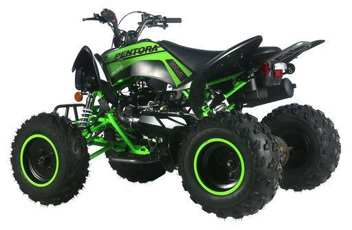 A green and black atv with green tires on a white background.