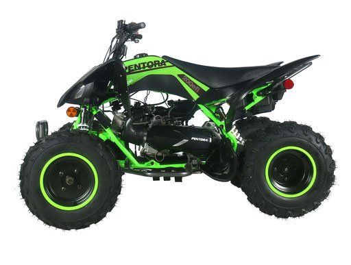 A green and black atv with neon green tires