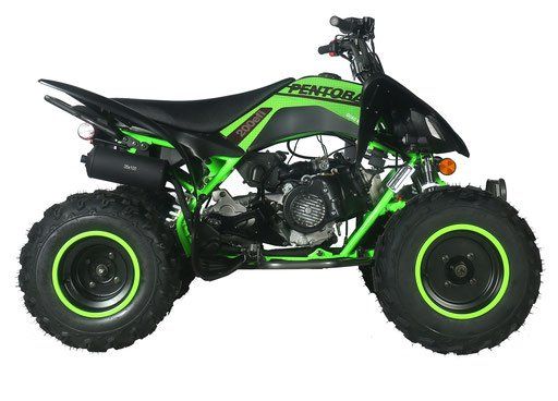 A green and black atv on a white background.