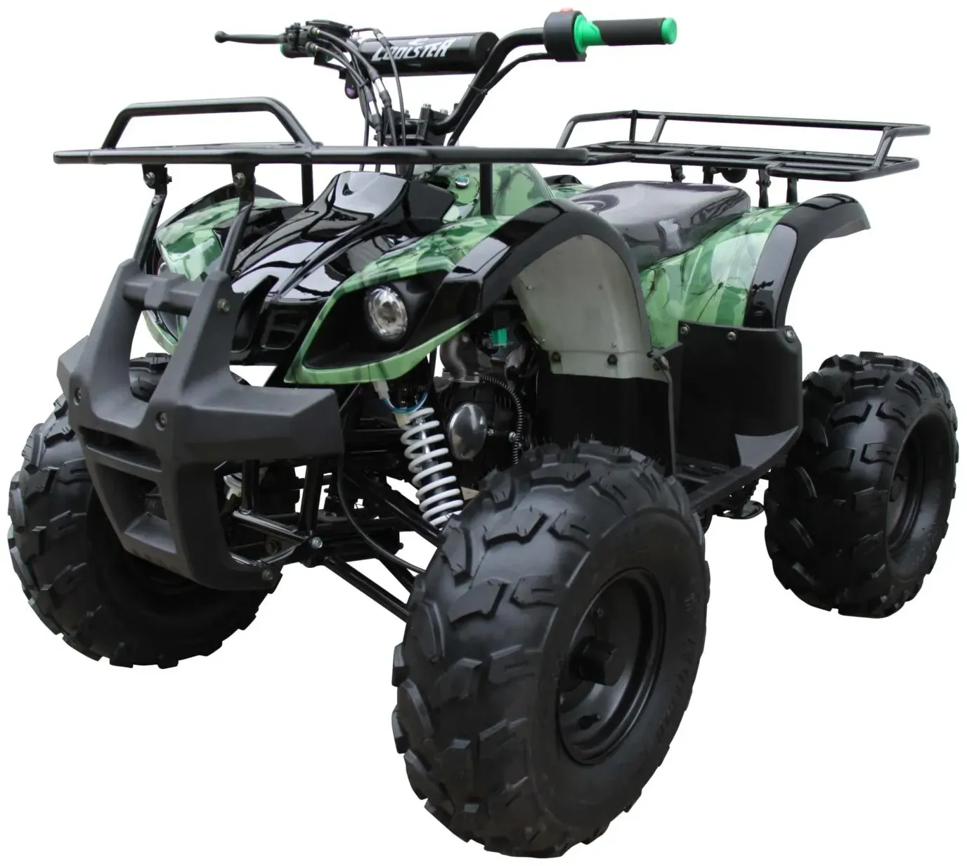Green and black four-wheeled ATV with rugged tires, front rack, and handlebars isolated on white background