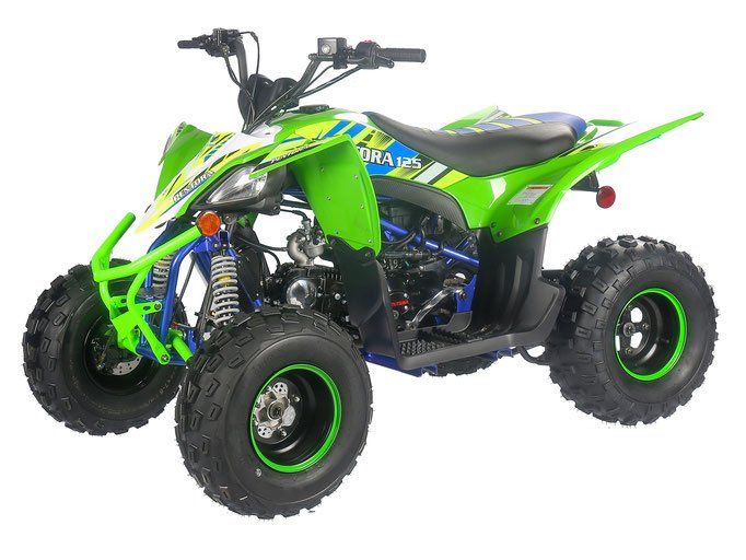 A green and blue atv with green wheels on a white background.