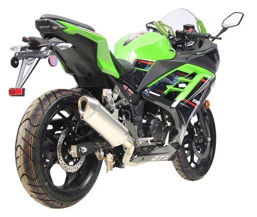 Green and black sport motorcycle angled rear view on a white background