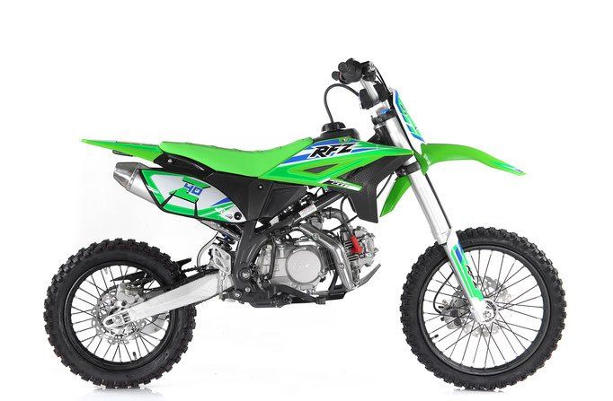 Green off-road dirt bike on a white background