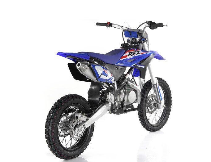 Blue and white off-road dirt bike on a white background, angled slightly to the left.