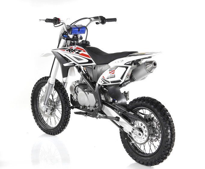 White and black dirt bike with red accents on a white background, angled rear view