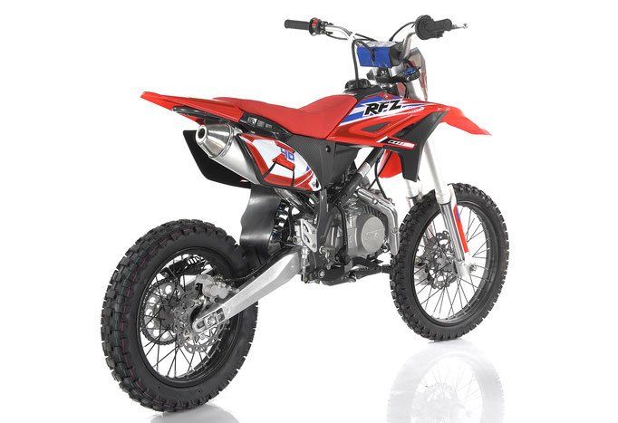 Red dirt bike with blue and white accents on a white background