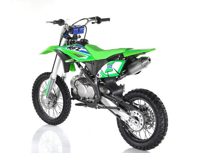 Green off-road dirt bike on a white background, angled front-left view