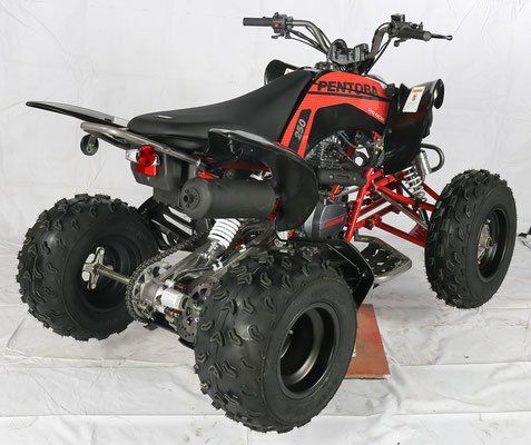 Black and red sport ATV with large knobby tires, shown in a studio setting