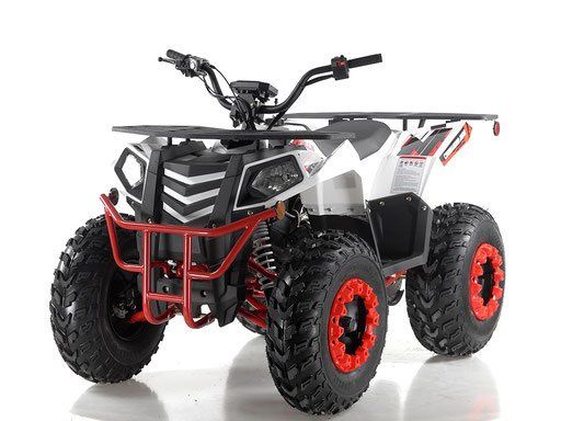 White and black four-wheeler ATV with red bumper and wheel rims on a white background