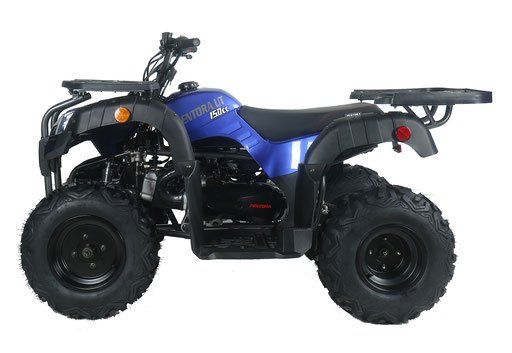 Blue ATV quad bike with black tires on a white background