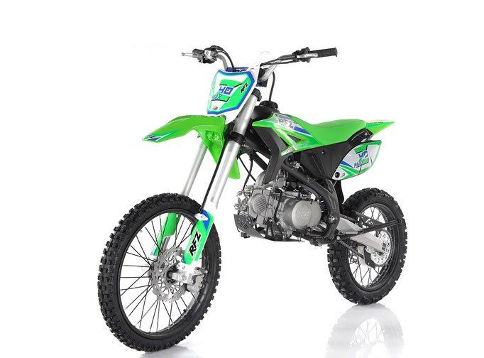 Green dirt bike on a white background, angled three-quarter view