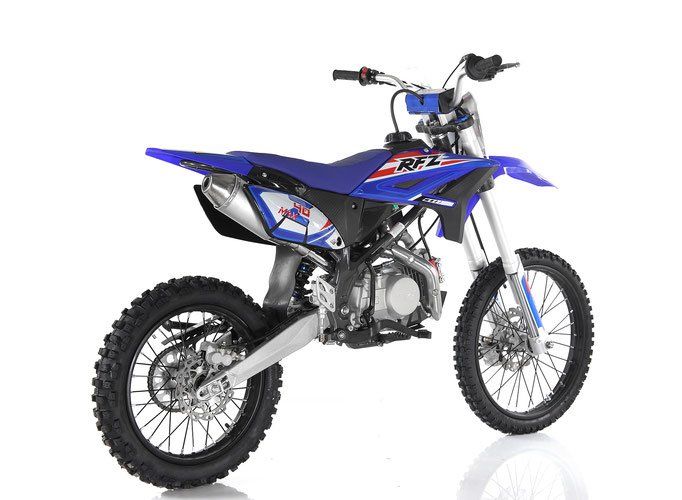 Blue and white dirt bike on a white background, shown in side view