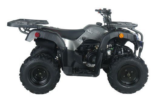 Gray four-wheeler ATV with cargo racks, side view on white background