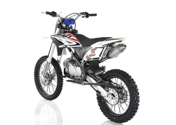 White and black dirt bike with blue headlight on a white background
