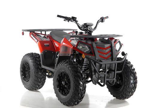 Red four-wheeler ATV with black tires on a white background