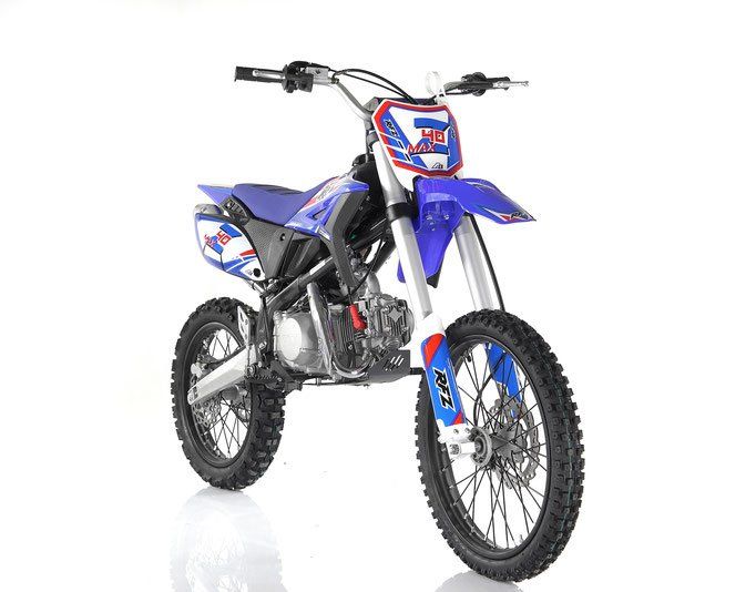 Blue and white dirt bike with black tires on a white background