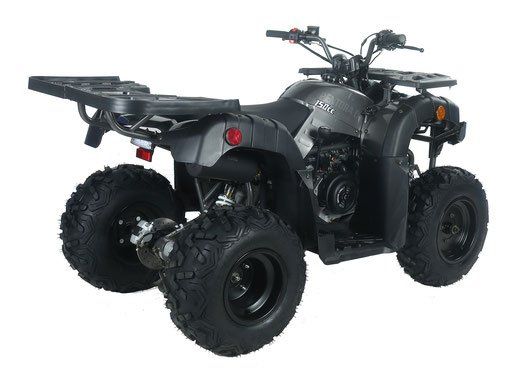 Black four-wheeler ATV angled rear view on a white background