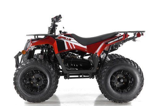 Red and black all-terrain quad bike with large tires, shown in side view on a white background