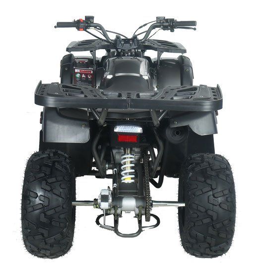 Rear view of a black ATV with large off-road tires on a white background