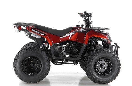 Red and black all-terrain quad bike on a white background