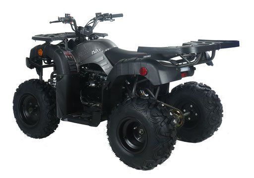 Black all-terrain quad bike with large knobby tires, shown in side view on a white background
