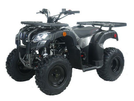 Black all-terrain ATV on a white background, shown from the front-left side.
