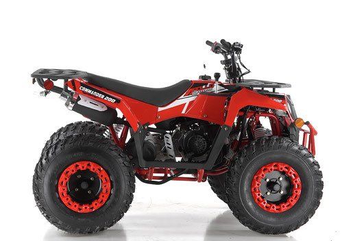 Red and black all-terrain quad bike with large off-road tires on a white background